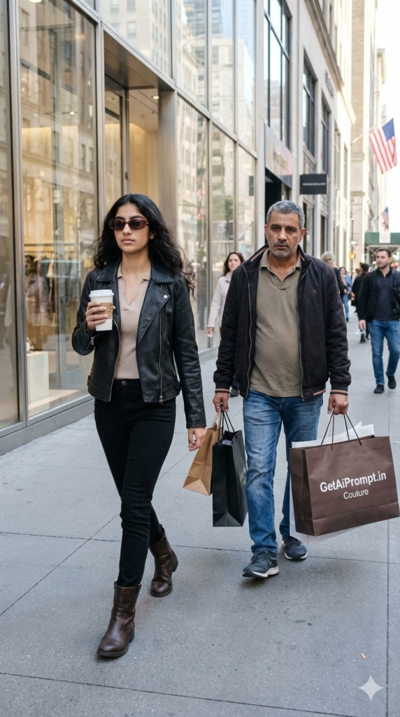 Funny father carrying shopping bags daughter walking mall photography AI