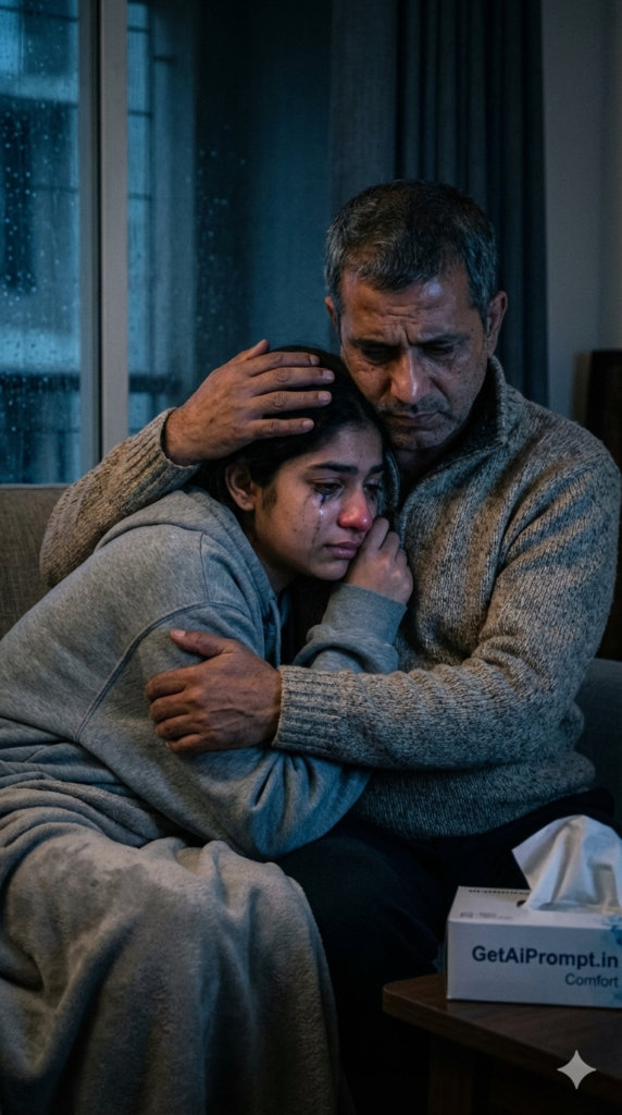 Father comforting crying daughter sad emotion relationship advice photo AI