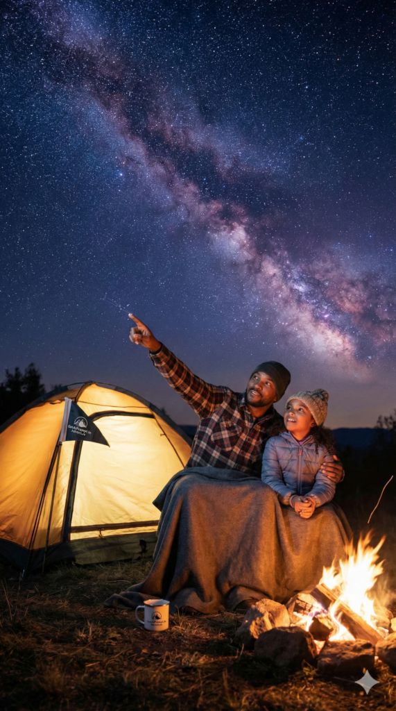 Father daughter camping tent stargazing fire night photography AI