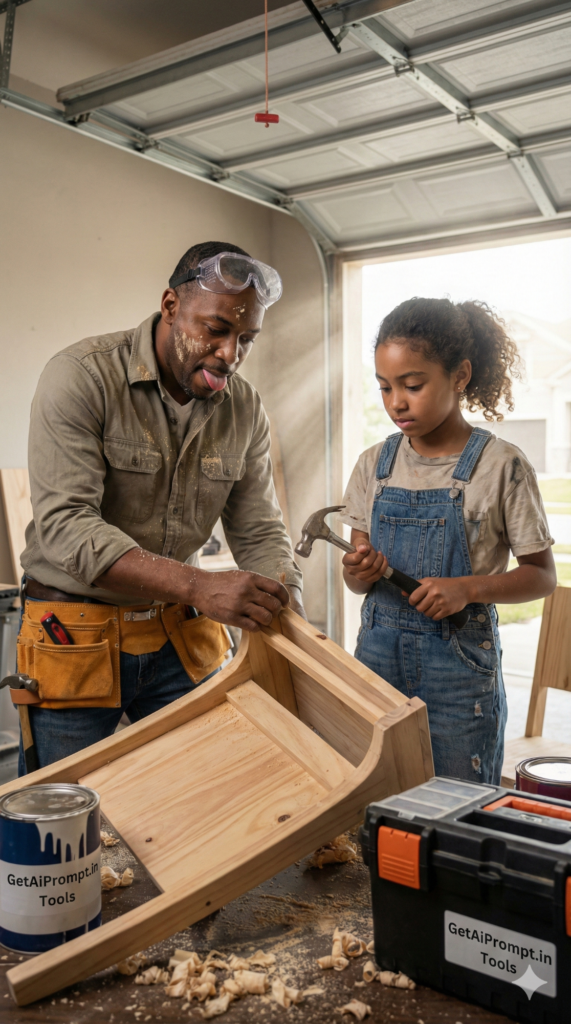 Father daughter building treehouse furniture DIY workshop photography AI