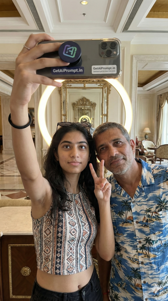 Father daughter taking selfie phone modern fun photo gen z AI