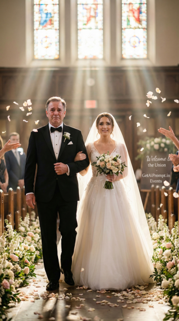 Father walking daughter down aisle wedding emotional bride photo AI