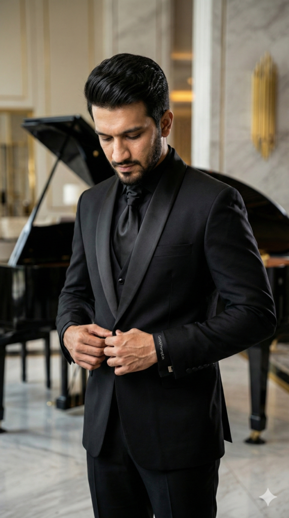 trend: Jet Black Tuxedo Style | Vibe: Reception, slick, and James Bond