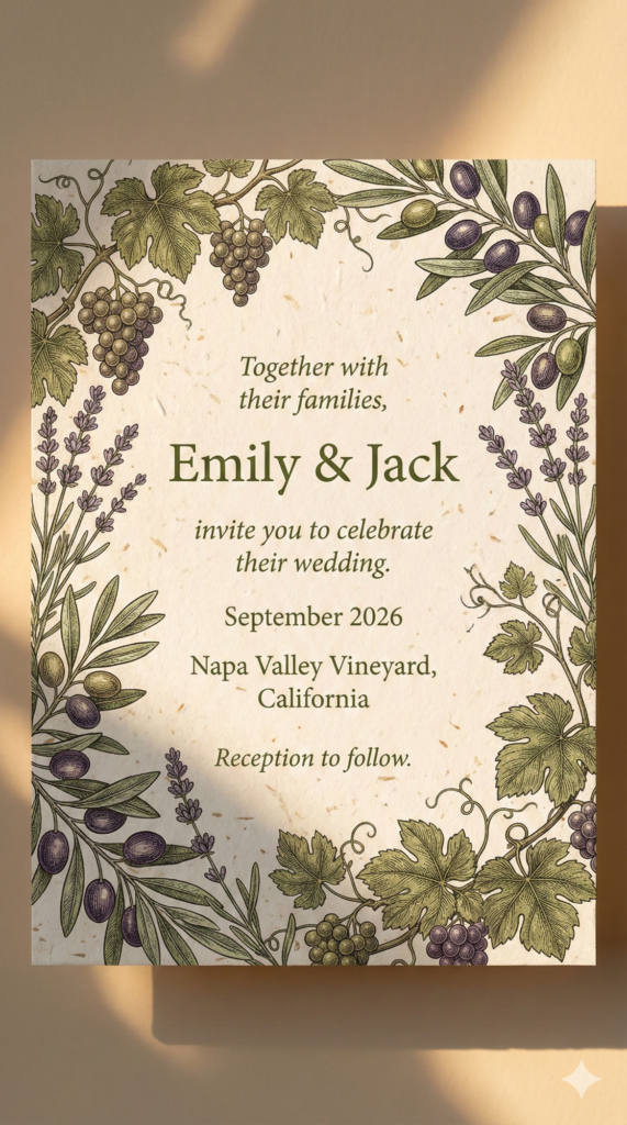 Trend: Vineyard Lavender Grape | Vibe: Organic, Napa Valley, Rustic-Luxe, Earthy