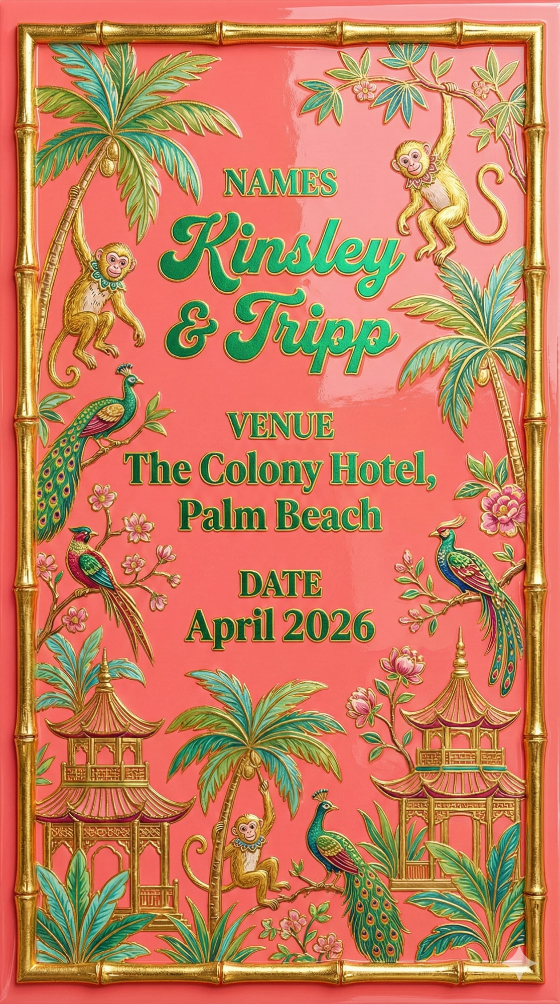 trend: Palm Beach Chinoiserie | Vibe: Preppy maximalism, vibrant colors, monkeys, pagoda motifs, expensive wallpaper feel.