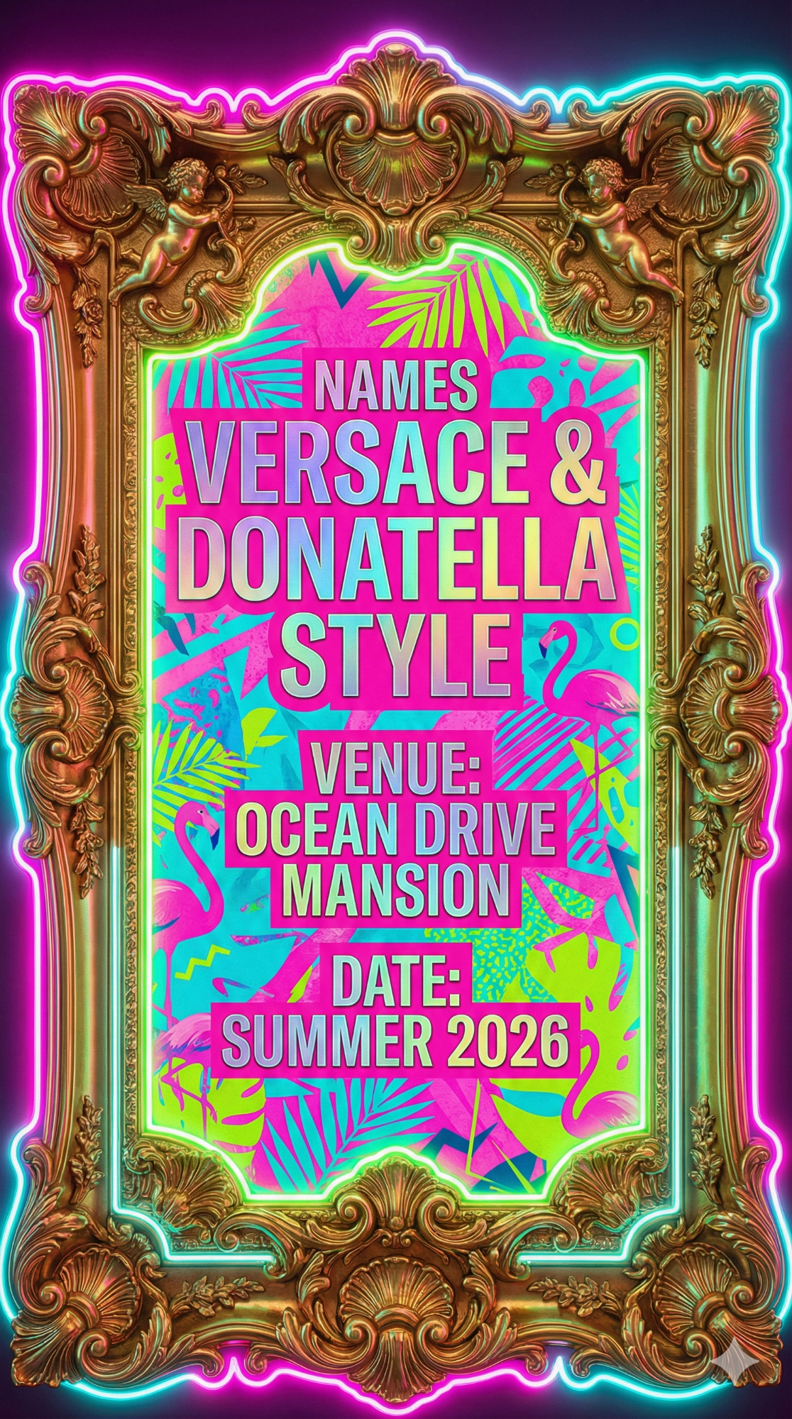 trend: Miami Neon Gold | Vibe: Vibrant, Versace Mansion energy, neon colors, gold Baroque elements.