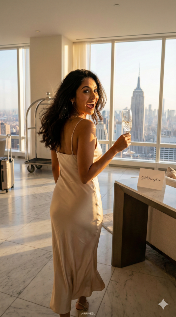 Trend: Travel Influencer / VIP Arrival | Vibe: Just checked in, unpacking the luxury, NYC Skyline view