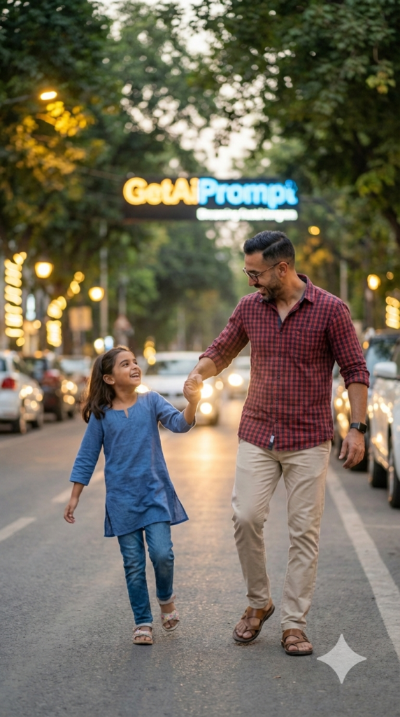 trend: Blue Hour Street Style | Vibe: Walking home, city lights, safe streets, bokeh.