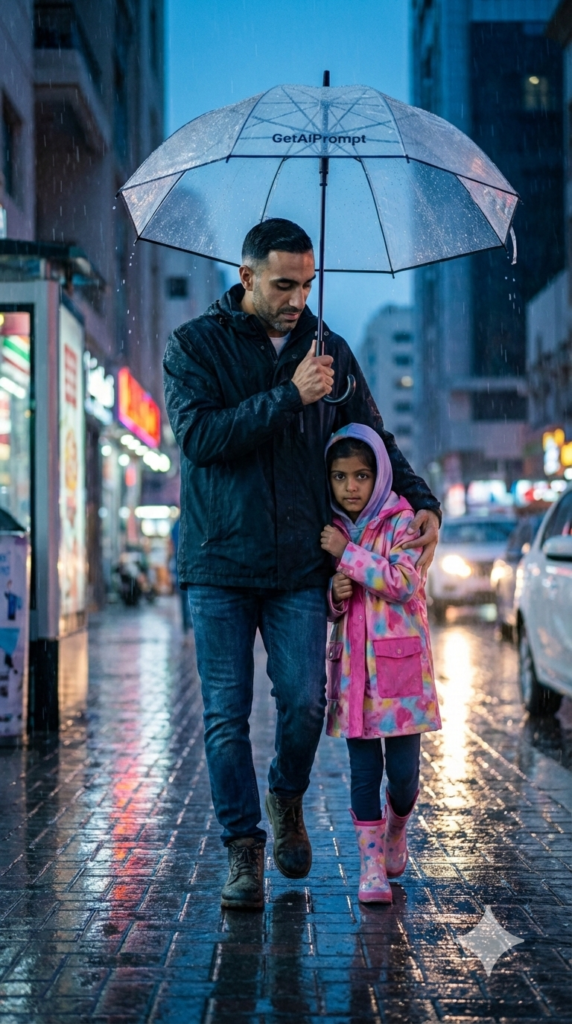 trend: Cinematic Wet Street | Vibe: Mumbai rains, reflections, cozy, cinematic blue tones.