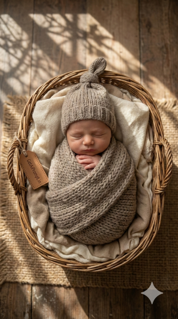 Beige Knit Basket Texture Realistic Baby Photoshoot AI Prompt Rustic Luxe Generation