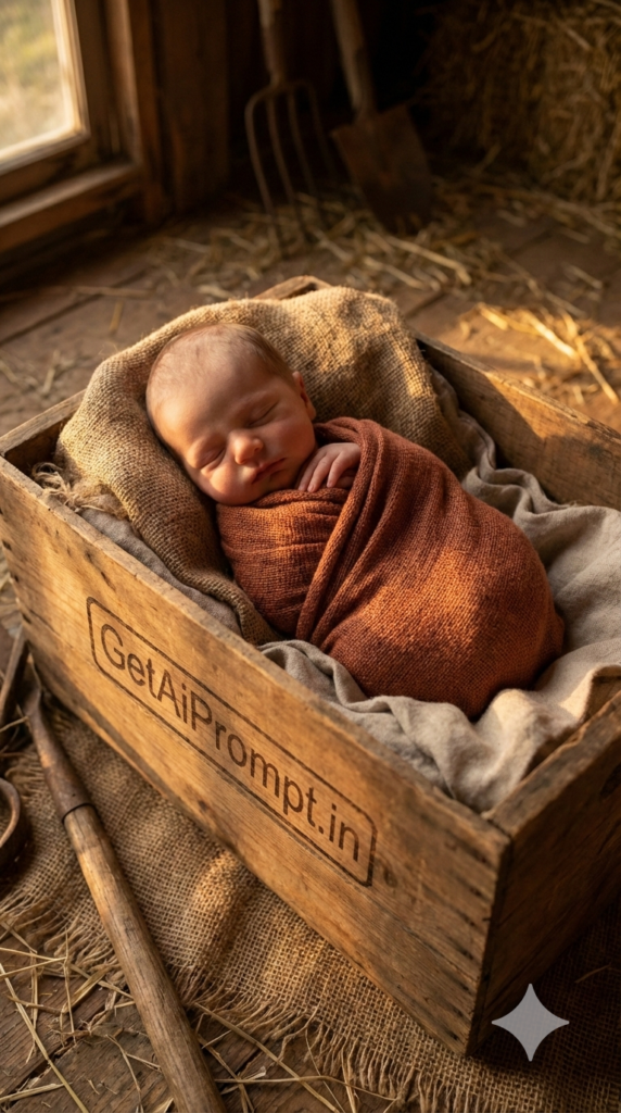 Neutral Wooden Crate Rustic Earthy Newborn Photography AI Prompt Golden Hour Setup