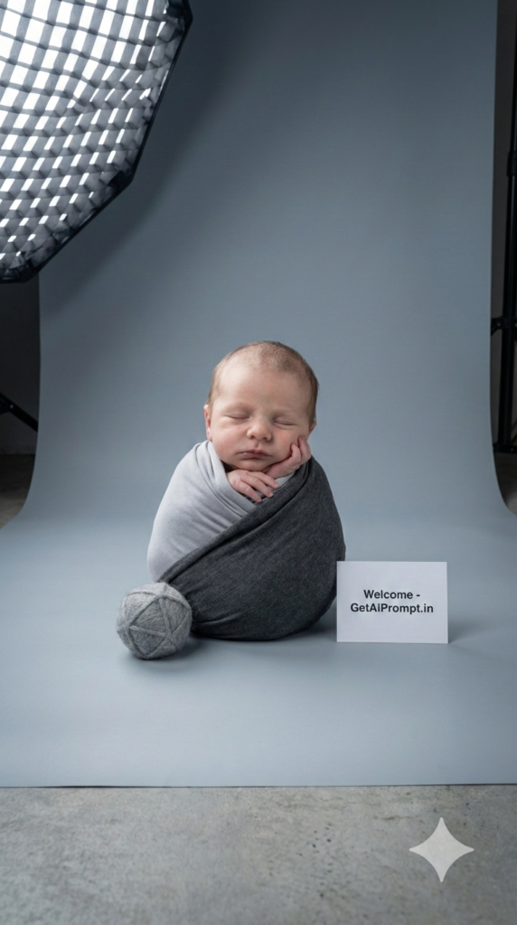 Soft Grey and Ivory Modern Elegance Newborn AI Prompt Minimalist Chic Baby Studio Portrait