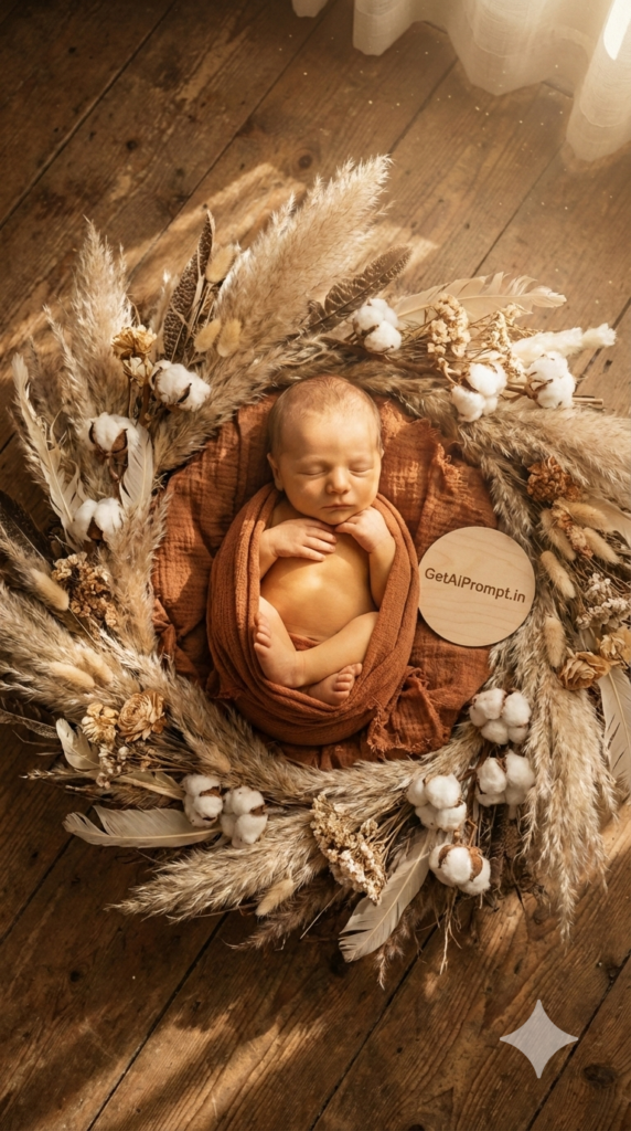 Boho Neutral Nest Artistic Newborn AI Prompt Nature Inspired Pampas Grass Baby Setup