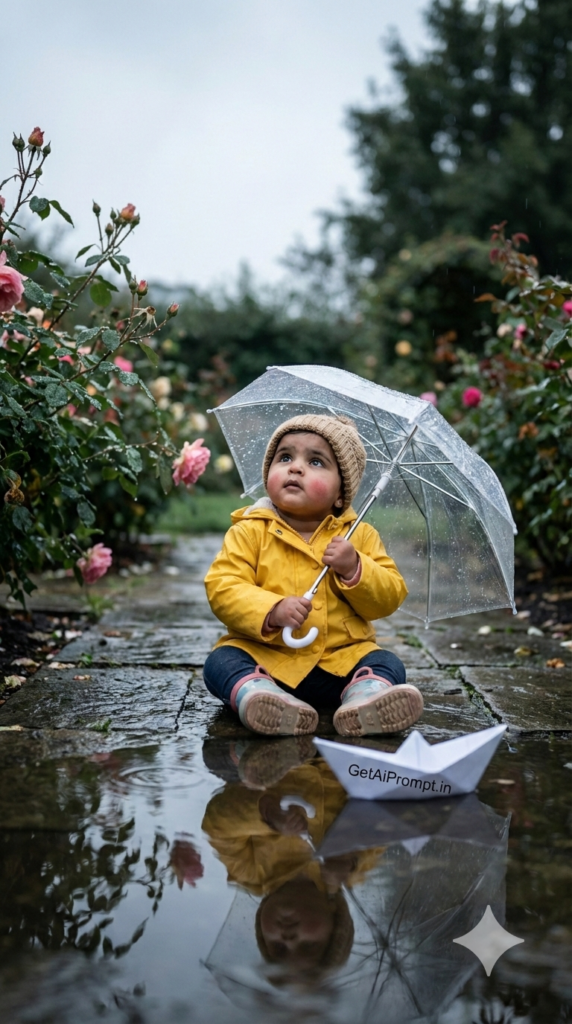 Rain Kissed Spring Morning Baby Photography AI Prompt Editorial Weather Wet Garden