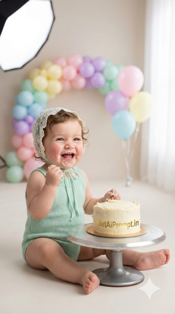 The Pastel Balloon Wonderland Cake Smash Baby AI Prompt Soft Dreamy 1st Birthday