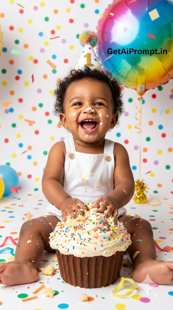 The Rainbow Sprinkle Explosion Vibrant Baby Cake Smash AI Image Generator Prompt