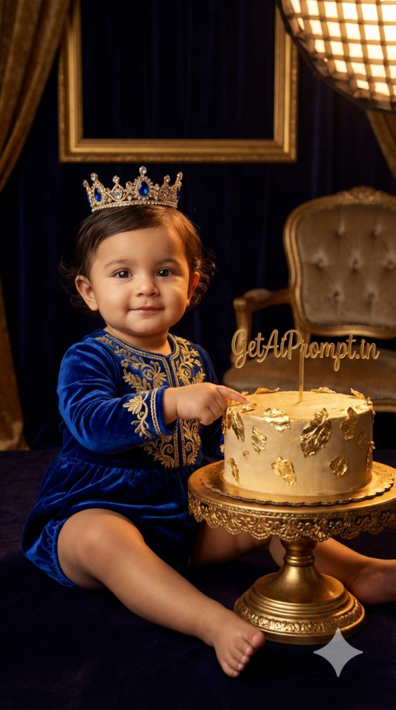 Royal Prince Princess Luxury Gold 1st Birthday Cake Smash AI Portrait Prompt