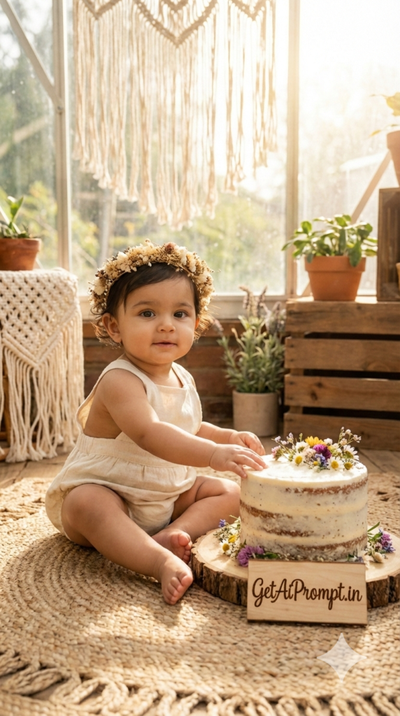 Boho Pastel Garden Organic Floral Cake Smash Baby Photoshoot Midjourney Gemini Prompt