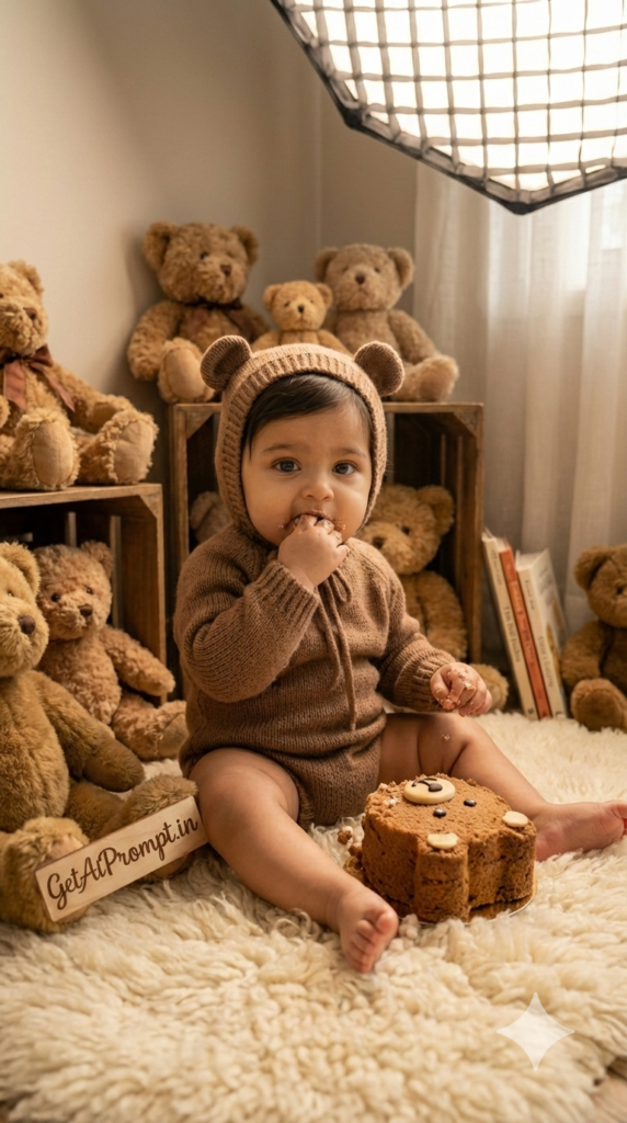 Teddy Bear Picnic Cozy Cake Smash Baby AI Prompt Vintage Toy First Birthday