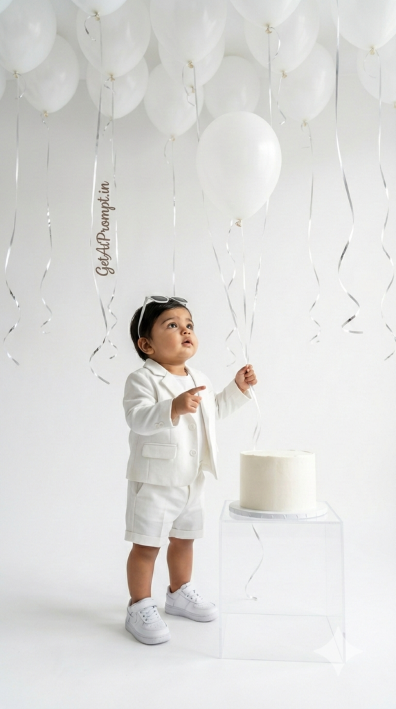 Balloon Ceiling Pop Surreal Cake Smash Baby Photography Modern Editorial AI Prompt