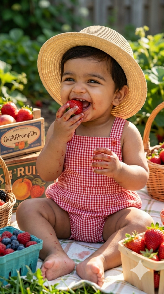 Strawberry Fruit Smash Summer Baby Photography AI Prompt Fresh Juicy 1st Birthday