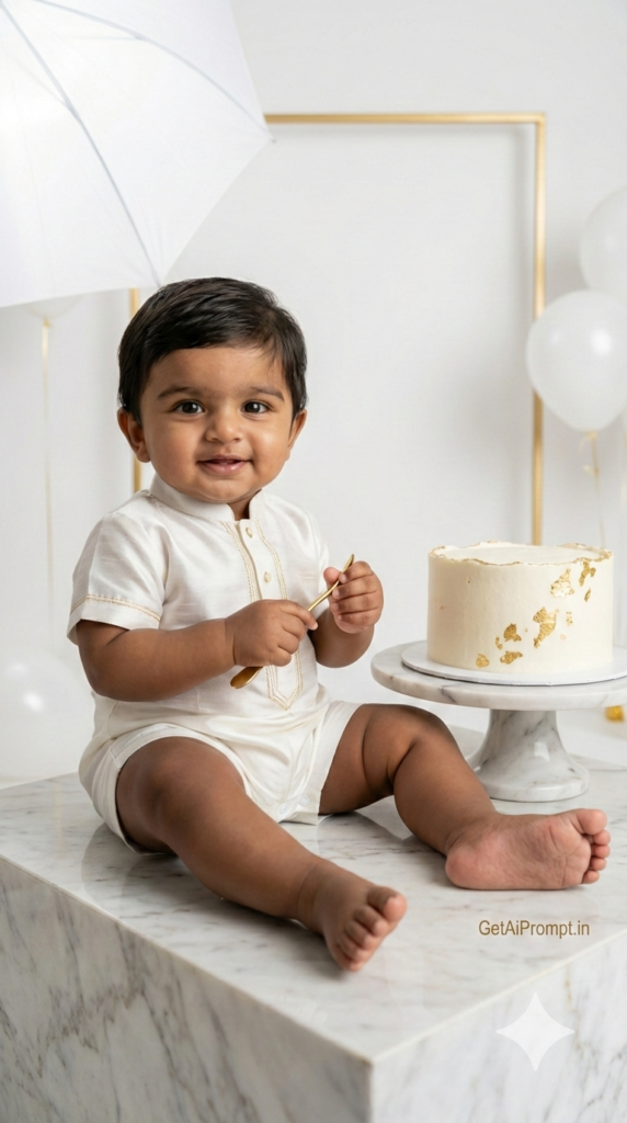 Minimal Luxe White and Gold Cake Smash High Fashion Clean AI Portrait 1st Birthday