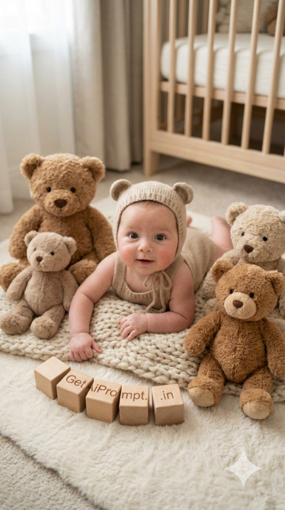 Classic Warm Nursery Portrait Teddy Bear Baby AI Prompt Pinterest Luxury Newborn Photography