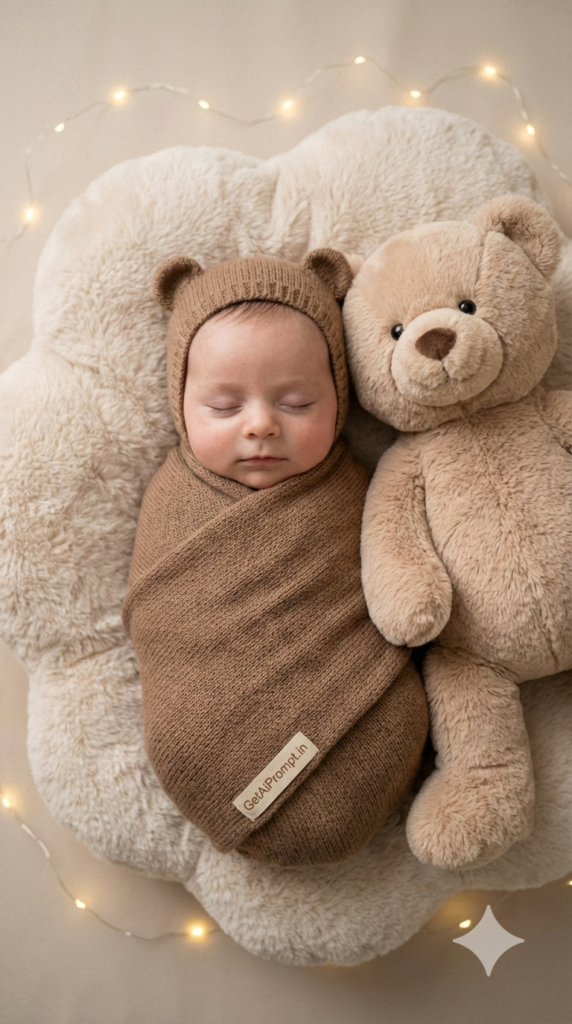 Dreamy Sleeping Bear Theme Sleeping Baby AI Portrait Angelic Cloud Aesthetic Newborn Photoshoot