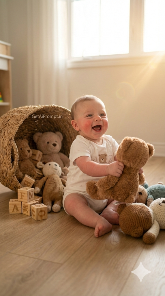Playful Toy Basket Scene Cheerful Baby Teddy Bear AI Prompt Authentic Commercial Lifestyle