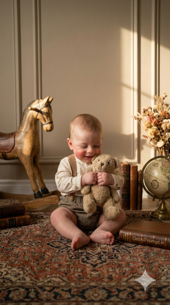 Vintage Storybook Nursery Heritage Baby Photography Teddy Bear AI Prompt Nostalgic Style