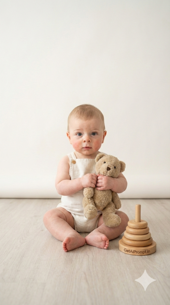Minimal Scandinavian Toy Scene Teddy Bear Baby Photoshoot Aesthetic Clean AI Prompt