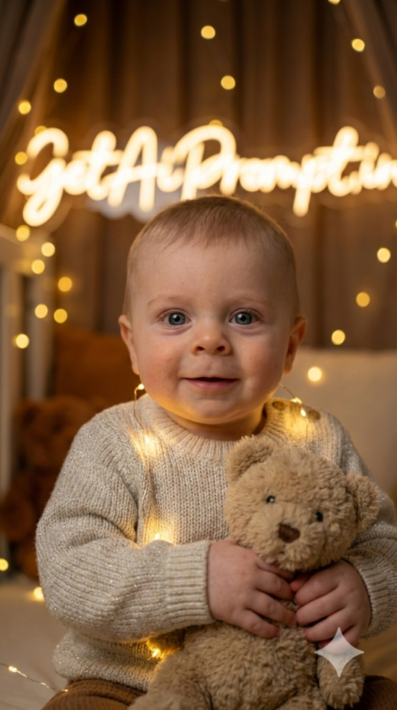 Fairy Light Teddy Wonderland Magical Bokeh Baby Portrait AI Prompt Nighttime Nursery