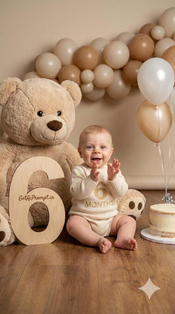 Milestone Teddy Setup Baby Photoshoot AI Prompt 1st Birthday 6 Months Celebration