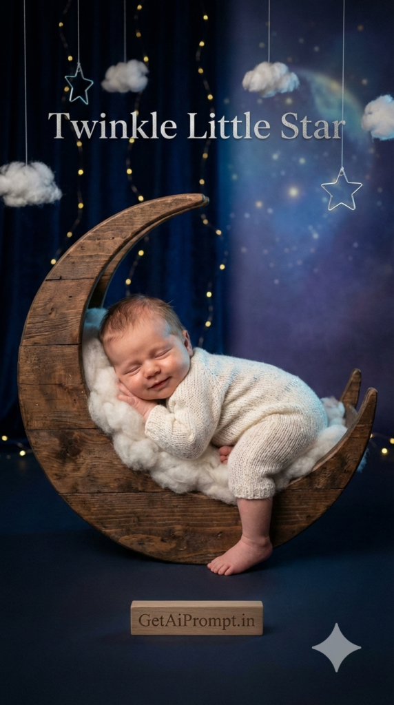 Classic Crescent Moon Sleeping Pose Newborn Baby AI Photography Prompt GetAiPrompt