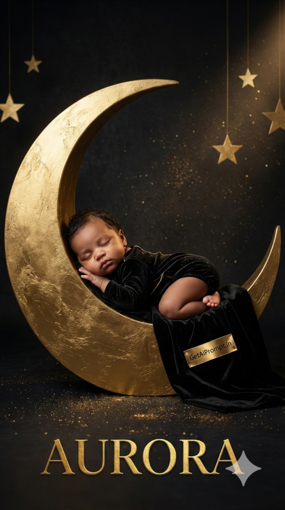 Luxury Matte Black and Gold Moon Scene Elite Baby Photography AI Prompt
