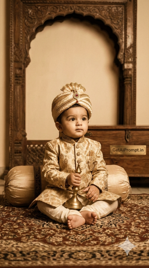Vintage Royal Heir Sherwani Cultural AI Baby Photoshoot Face Match Prompt