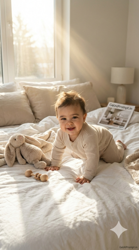 Minimal Bed Morning Shoot Candid Lifestyle Baby AI Photography Prompt