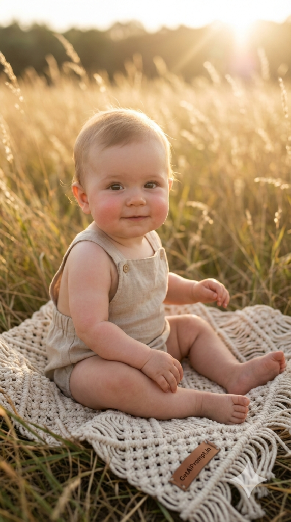 Golden Sunset Field Boho Portrait AI Baby Photoshoot Face Match