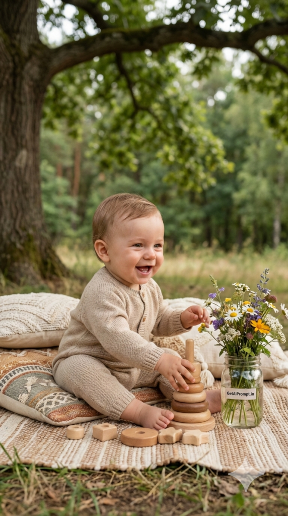 Boho Picnic Blanket Scene Outdoor AI Baby Portrait Prompt