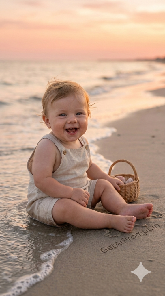 Beach Sunset Boho Shoot Dreamy Ocean AI Baby Photoshoot Face Match