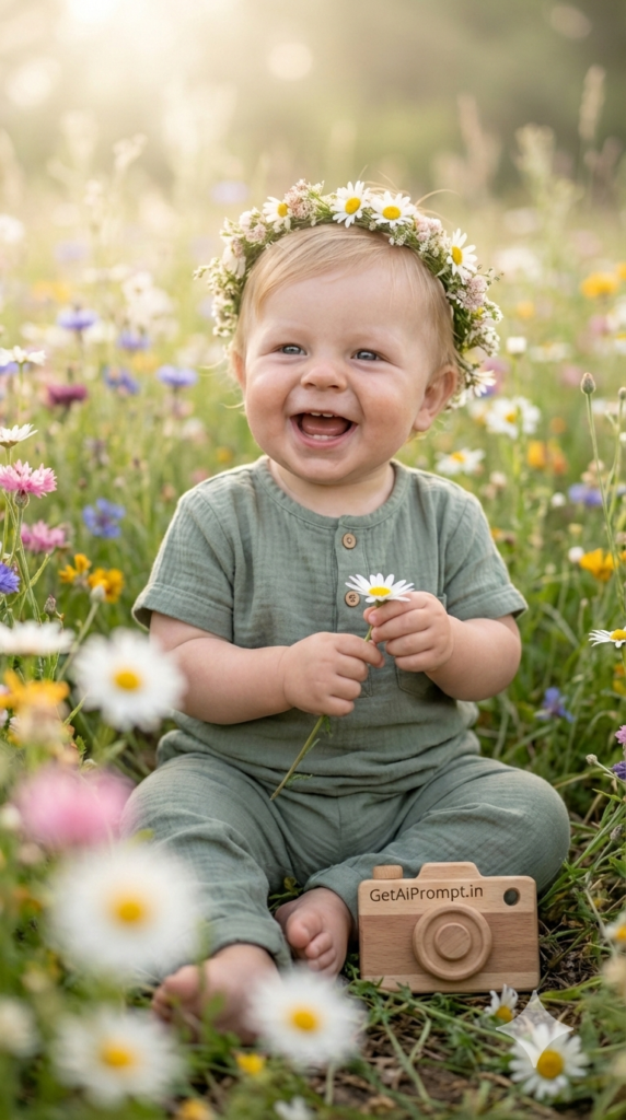 Wildflower Meadow Close-Up Floral Boho AI Baby Photoshoot Prompt