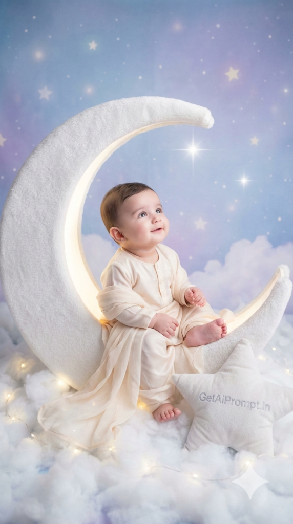Soft Pastel Eid Moon Dream Shoot Celestial Baby AI Face Match Prompt