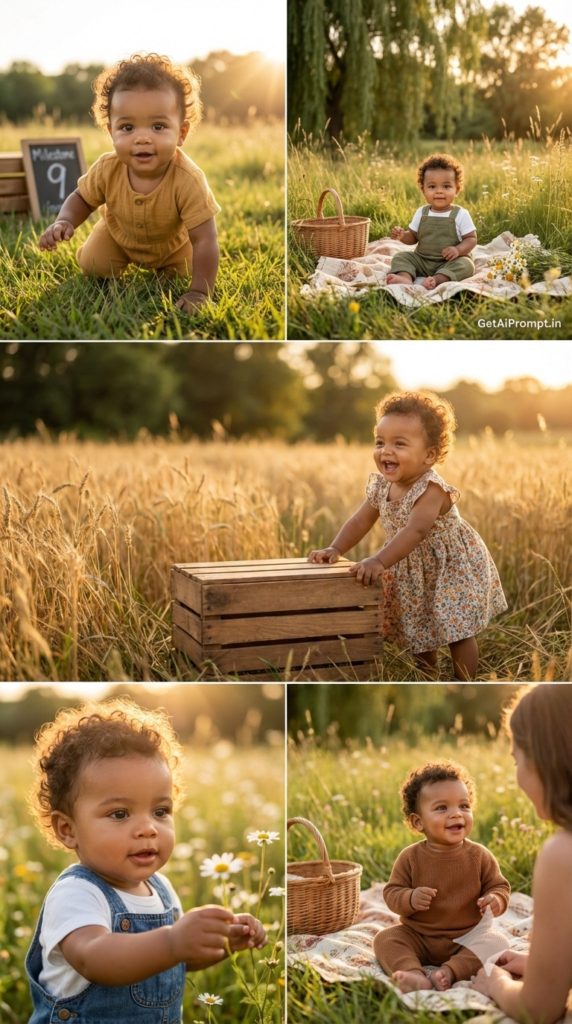 9 Months Outdoor Natural Light Baby Photoshoot AI Face Match Prompt