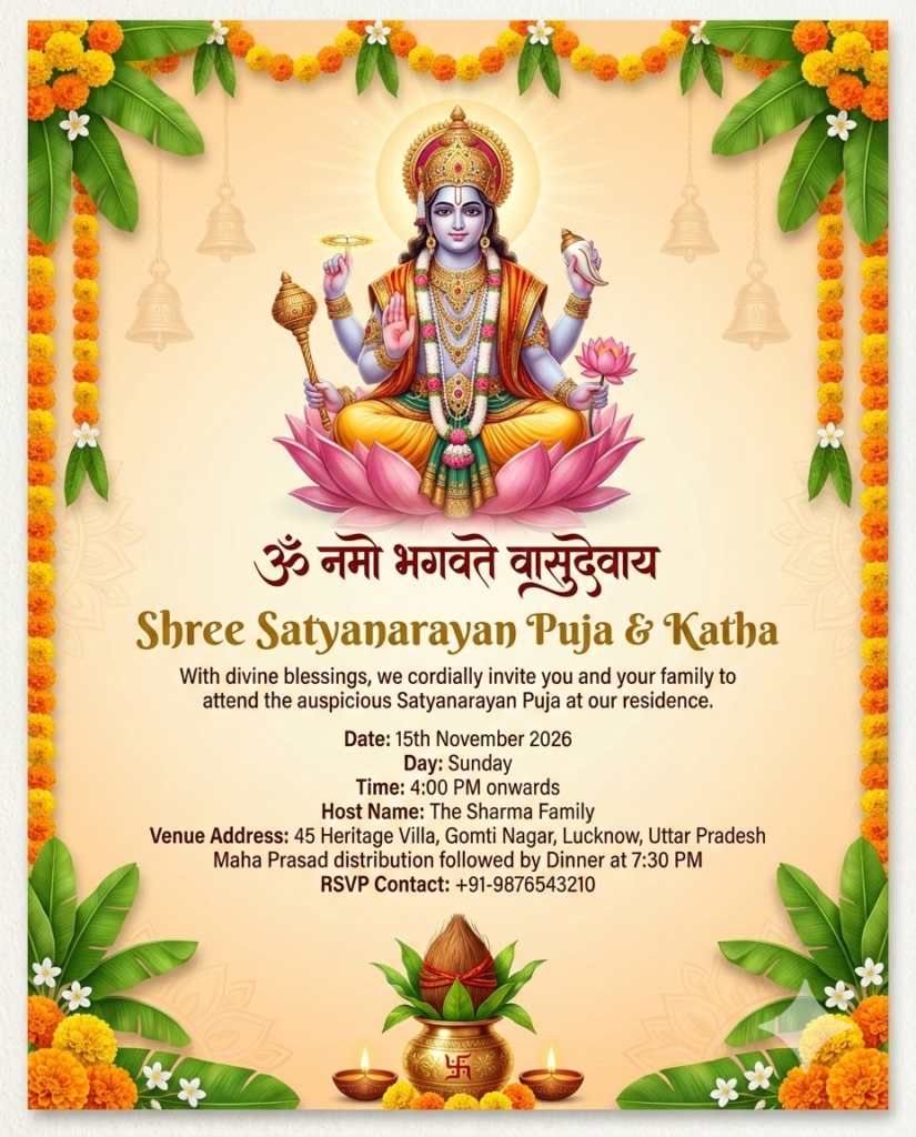 Classic Traditional Home Satyanarayan Puja Invitation AI Prompt Design