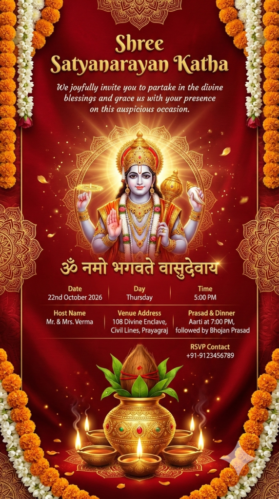 Royal Gold and Red Satyanarayan Katha Invite Premium Digital Card