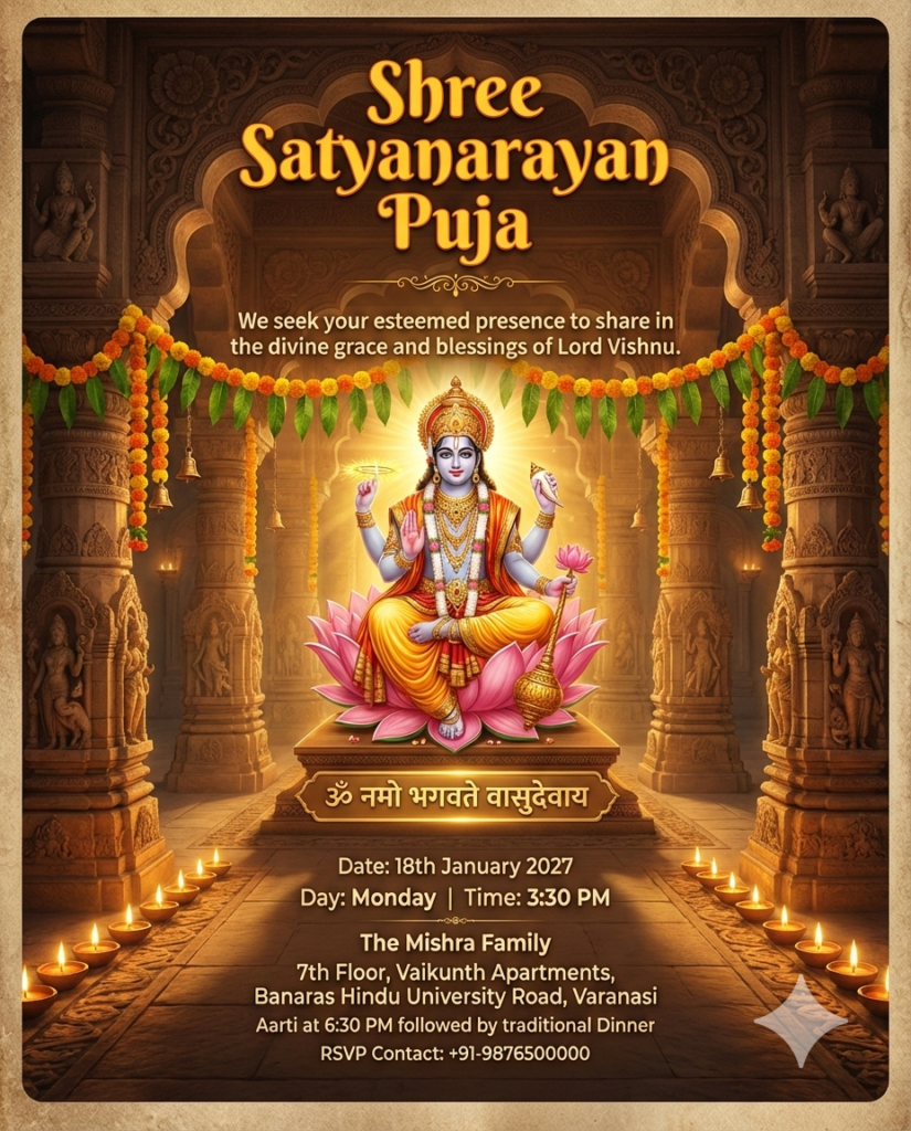 Temple Inspired Traditional Invitation Satyanarayan Katha Background