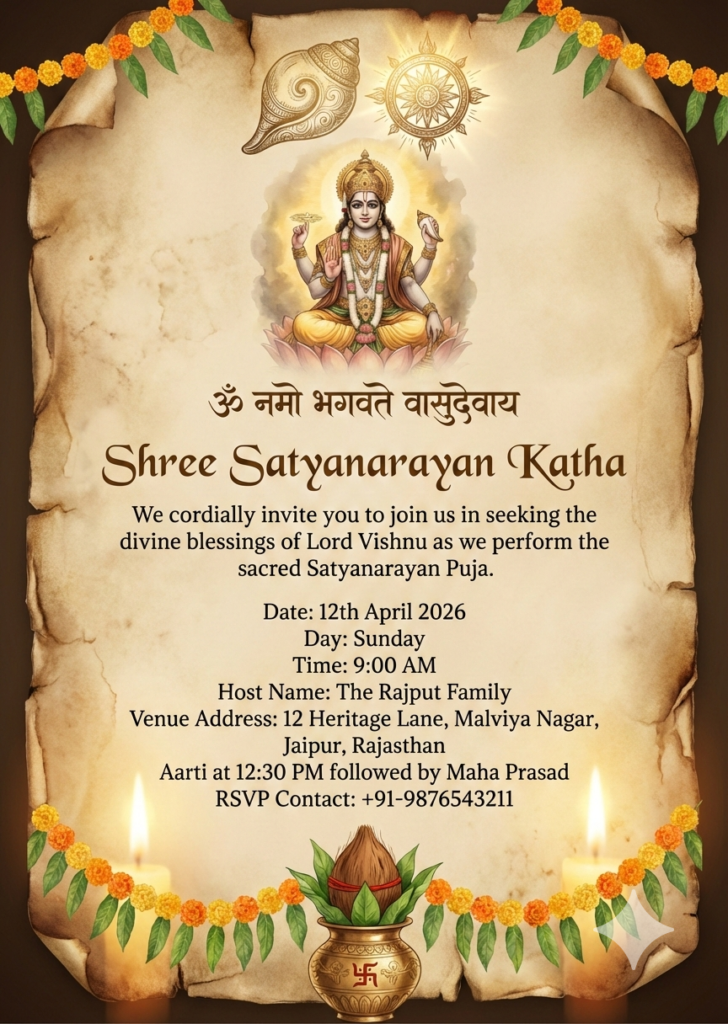 Traditional Scroll Style Invitation Satyanarayan Puja Vintage Design