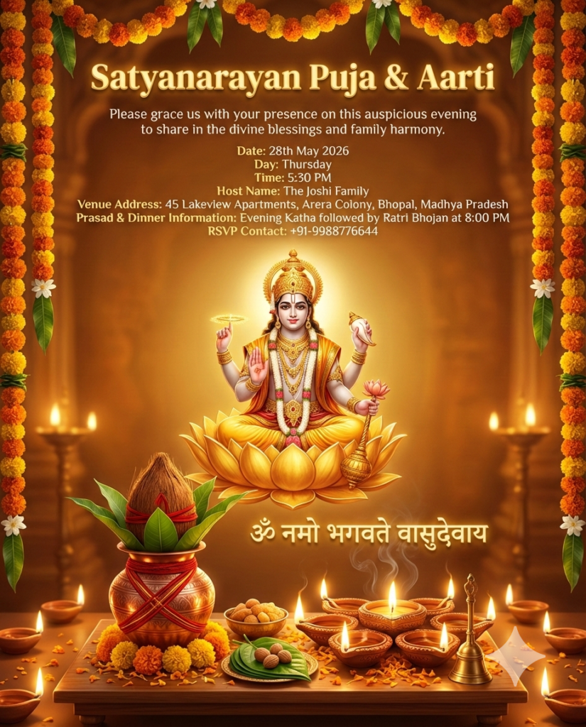 Evening Puja Glow Invitation Satyanarayan Katha Aarti AI Design