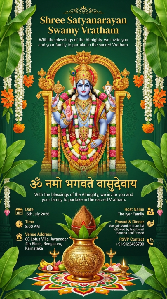 South Indian Traditional Theme Satyanarayan Swamy Vratham Invite