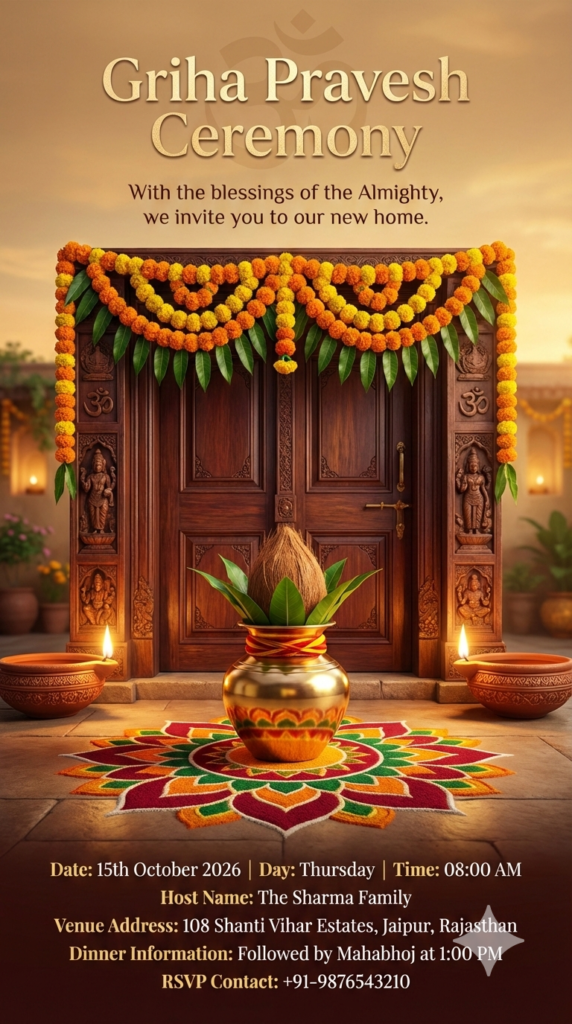 Traditional Floral Entrance Griha Pravesh Invite AI Prompt Design